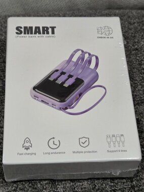 Purple Smart Power Bank With Cable Fast Charging Supports 4 Lines-NEW-Sealed